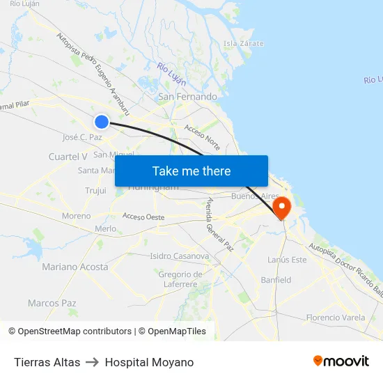 Tierras Altas to Hospital Moyano map