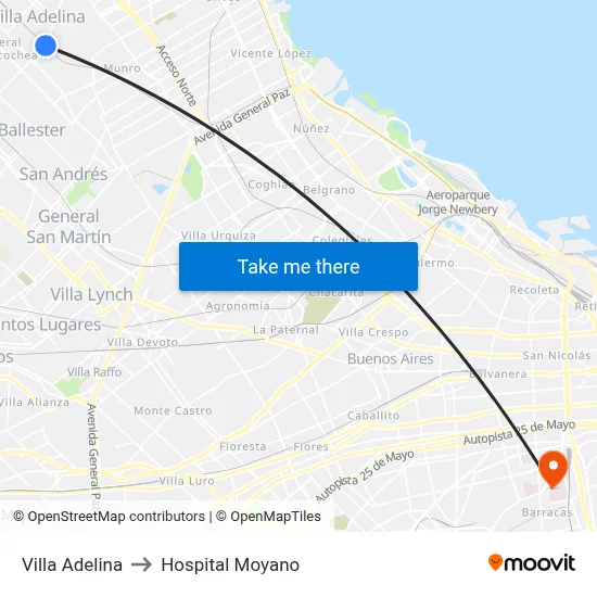 Villa Adelina to Hospital Moyano map