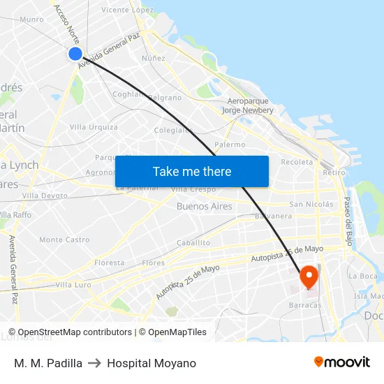 M. M. Padilla to Hospital Moyano map