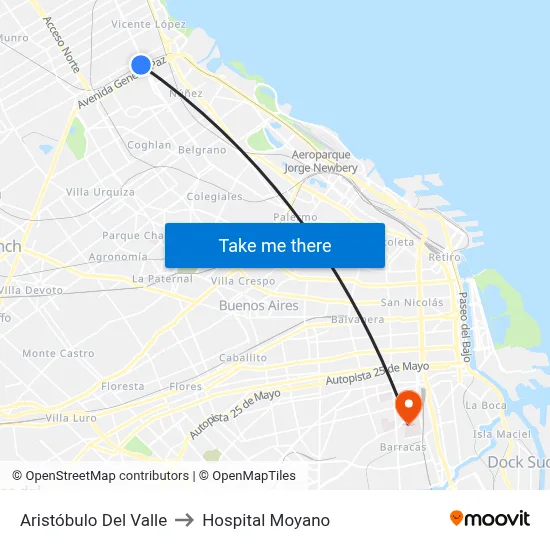 Aristóbulo Del Valle to Hospital Moyano map