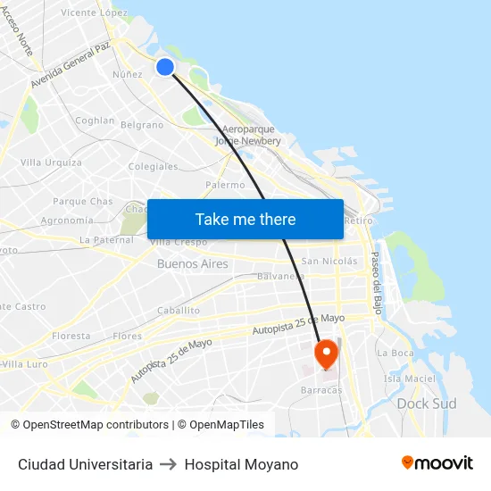 Ciudad Universitaria to Hospital Moyano map