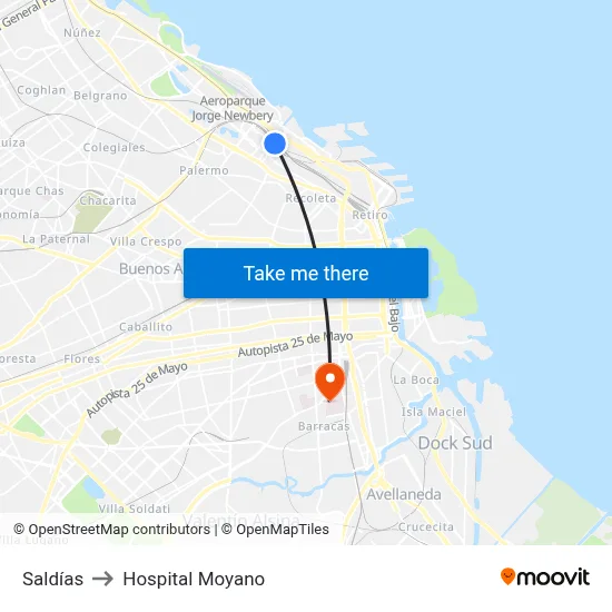 Saldías to Hospital Moyano map