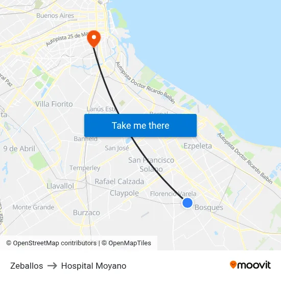Zeballos to Hospital Moyano map