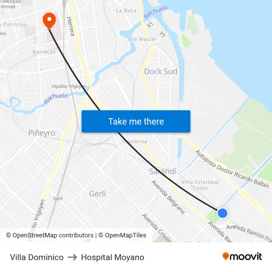Villa Dominico to Hospital Moyano map