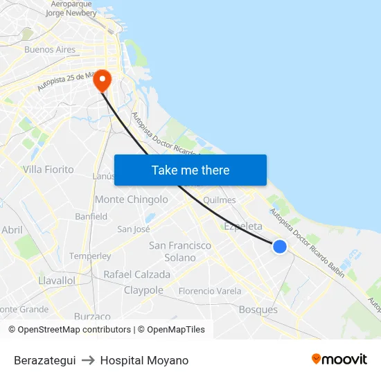 Berazategui to Hospital Moyano map
