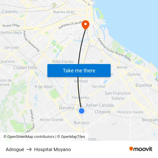 Adrogué to Hospital Moyano map