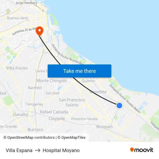Villa Espana to Hospital Moyano map