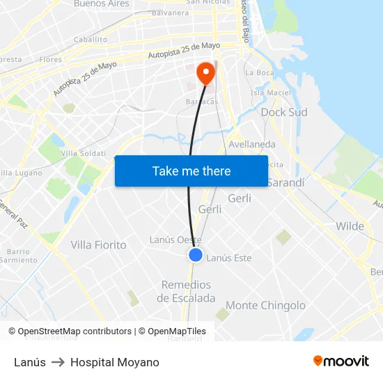 Lanús to Hospital Moyano map