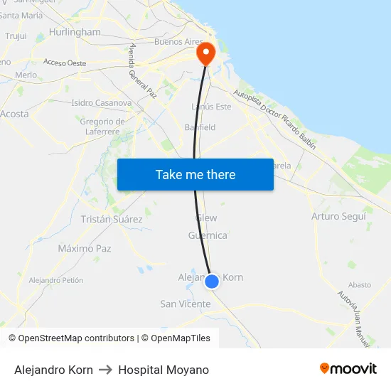 Alejandro Korn to Hospital Moyano map