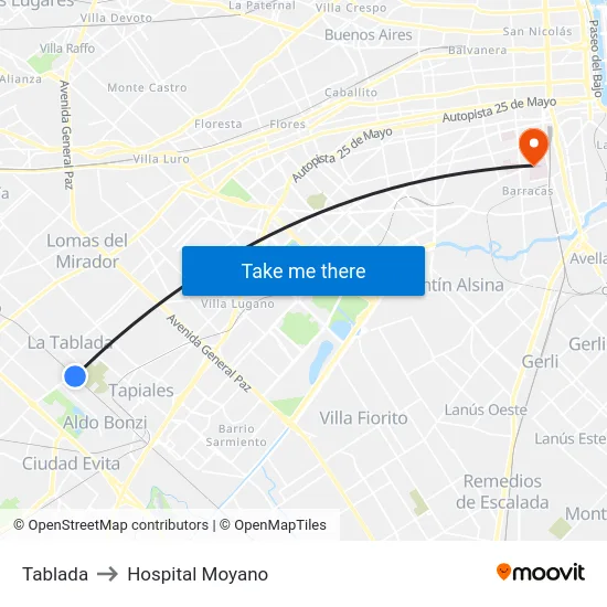 Tablada to Hospital Moyano map