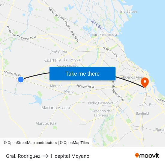 Gral. Rodriguez to Hospital Moyano map