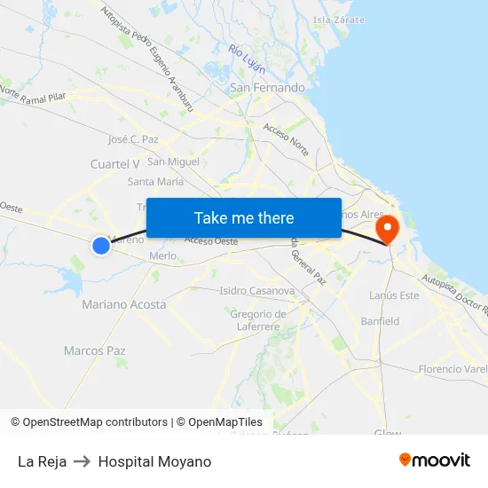 La Reja to Hospital Moyano map