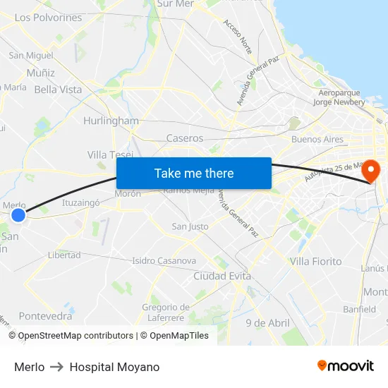 Merlo to Hospital Moyano map