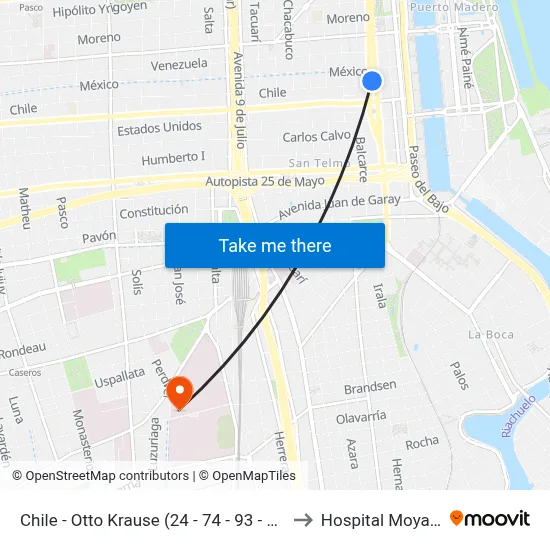 Chile - Otto Krause (24 - 74 - 93 - 126) to Hospital Moyano map