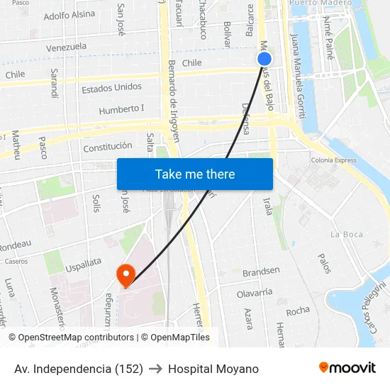 Av. Independencia (152) to Hospital Moyano map