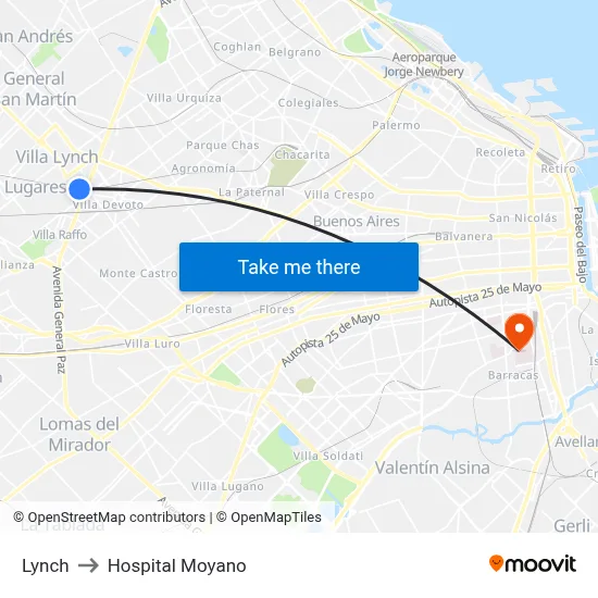 Lynch to Hospital Moyano map