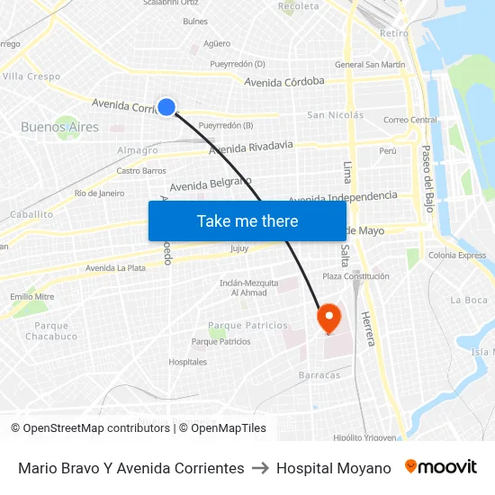Mario Bravo Y Avenida Corrientes to Hospital Moyano map