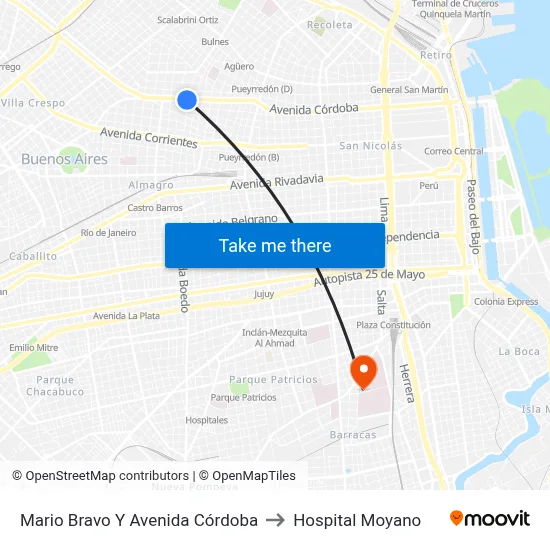 Mario Bravo Y Avenida Córdoba to Hospital Moyano map