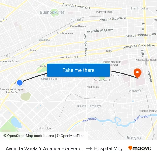 Avenida Varela Y Avenida Eva Perón (132) to Hospital Moyano map