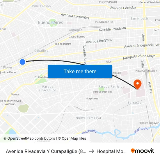 Avenida Rivadavia Y Curapaligüe (85 - 132) to Hospital Moyano map