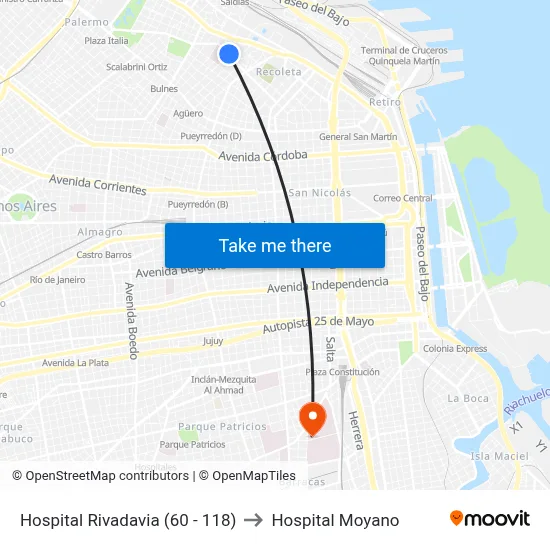 Hospital Rivadavia (60 - 118) to Hospital Moyano map