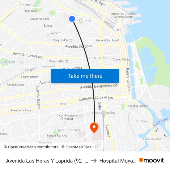 Avenida Las Heras Y Laprida (92 - 93) to Hospital Moyano map