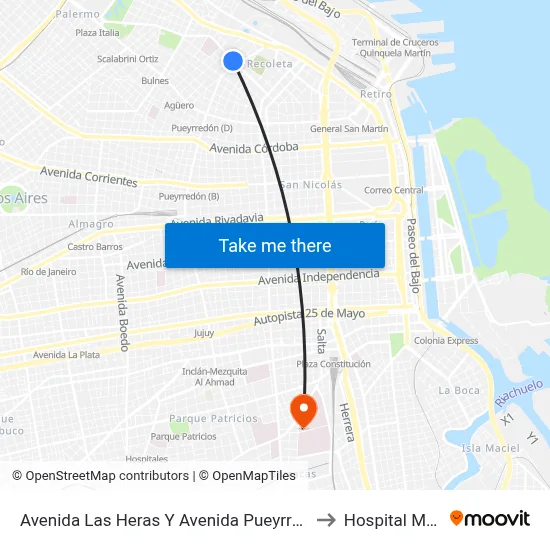 Avenida Las Heras Y Avenida Pueyrredón (92 - 93) to Hospital Moyano map