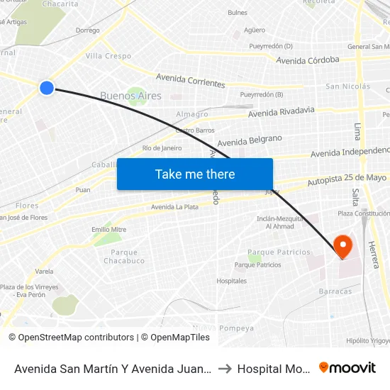 Avenida San Martín Y Avenida Juan B. Justo to Hospital Moyano map