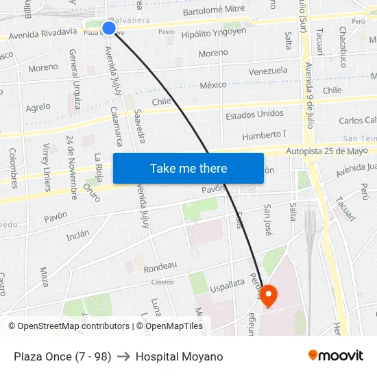 Plaza Once (7 - 98) to Hospital Moyano map