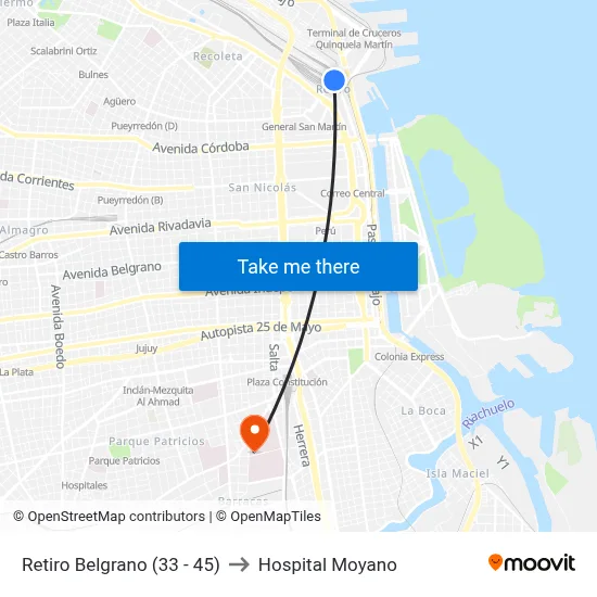 Retiro Belgrano (33 - 45) to Hospital Moyano map