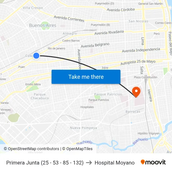 Primera Junta (25 - 53 - 85 - 132) to Hospital Moyano map