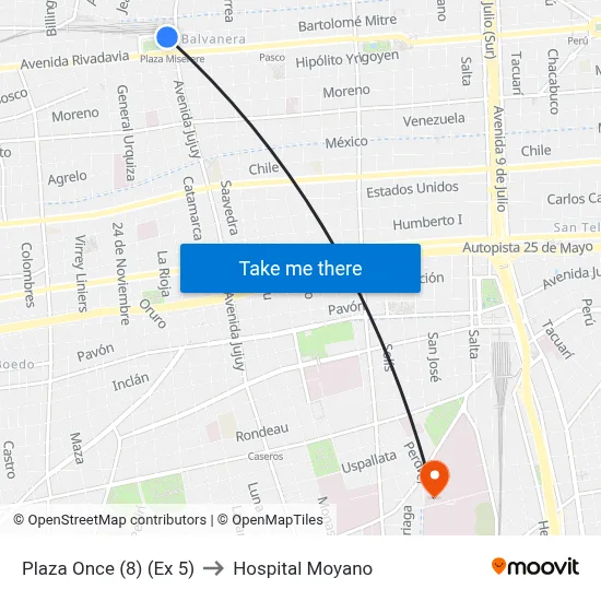 Plaza Once (8) (Ex 5) to Hospital Moyano map