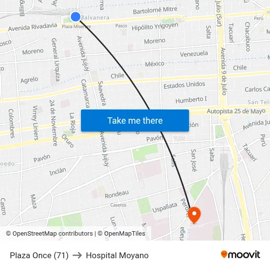 Plaza Once (71) to Hospital Moyano map