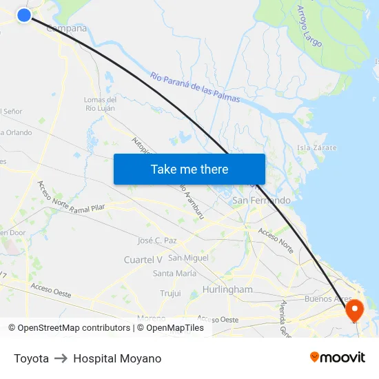 Toyota to Hospital Moyano map