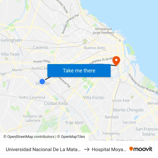 Universidad Nacional De La Matanza to Hospital Moyano map