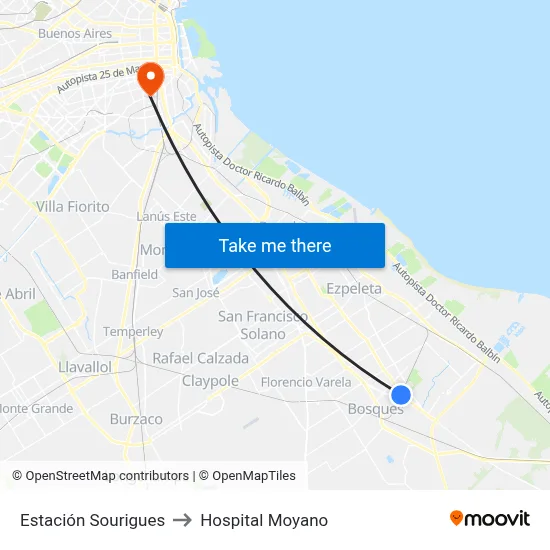 Estación Sourigues to Hospital Moyano map