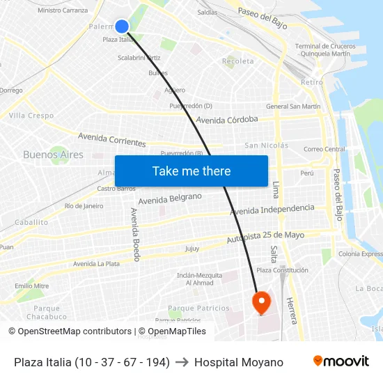 Plaza Italia (10 - 37 - 67 - 194) to Hospital Moyano map