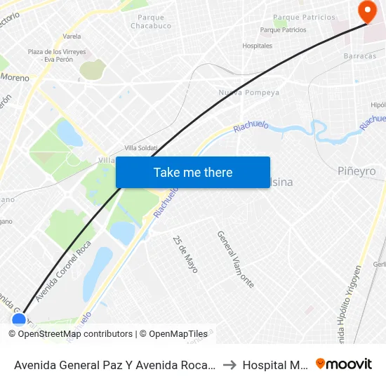Avenida General Paz Y Avenida Roca (21 - 28 - 143) to Hospital Moyano map