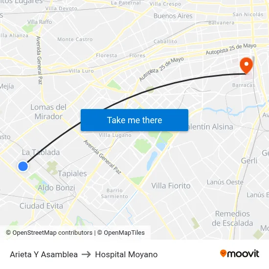 Arieta Y Asamblea to Hospital Moyano map