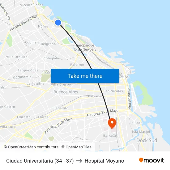 Ciudad Universitaria (34 - 37) to Hospital Moyano map