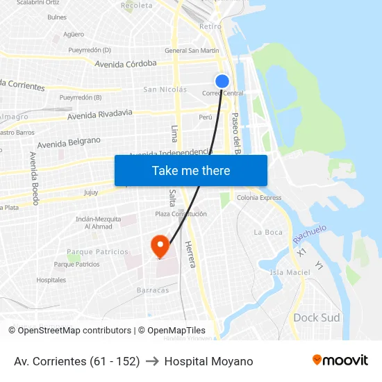 Av. Corrientes (61 - 152) to Hospital Moyano map