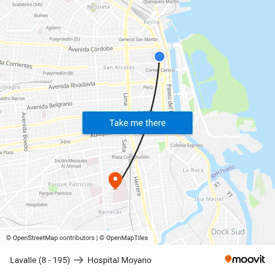 Lavalle (8 - 195) to Hospital Moyano map
