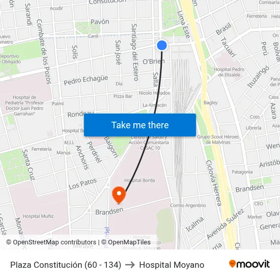 Plaza Constitución (60 - 134) to Hospital Moyano map