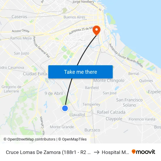 Cruce Lomas De Zamora (188r1 - R2 - R3 - 421 - 501) to Hospital Moyano map