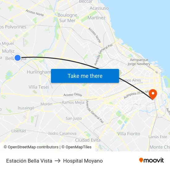 Estación Bella Vista to Hospital Moyano map