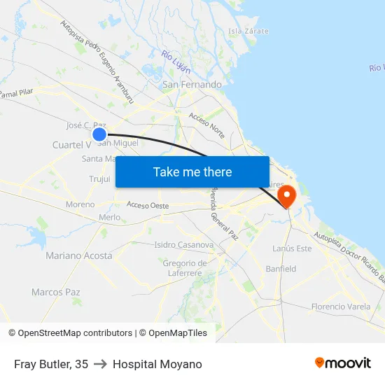 Fray Butler, 35 to Hospital Moyano map