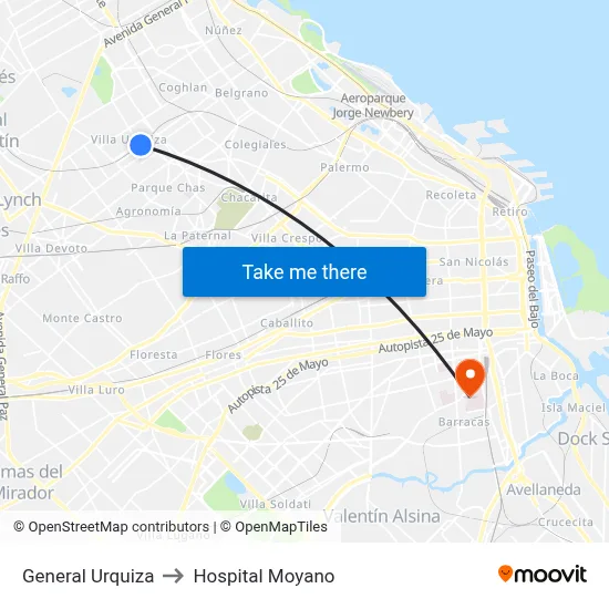 General Urquiza to Hospital Moyano map