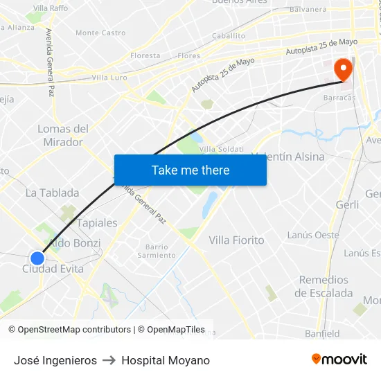 José Ingenieros to Hospital Moyano map