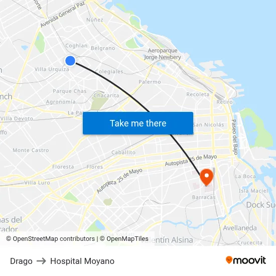 Drago to Hospital Moyano map