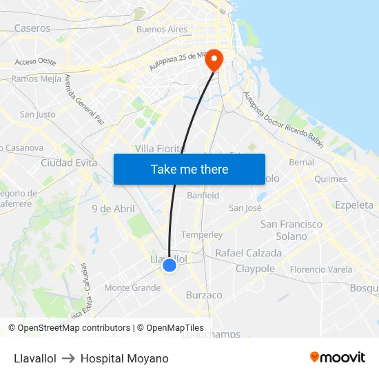 Llavallol to Hospital Moyano map